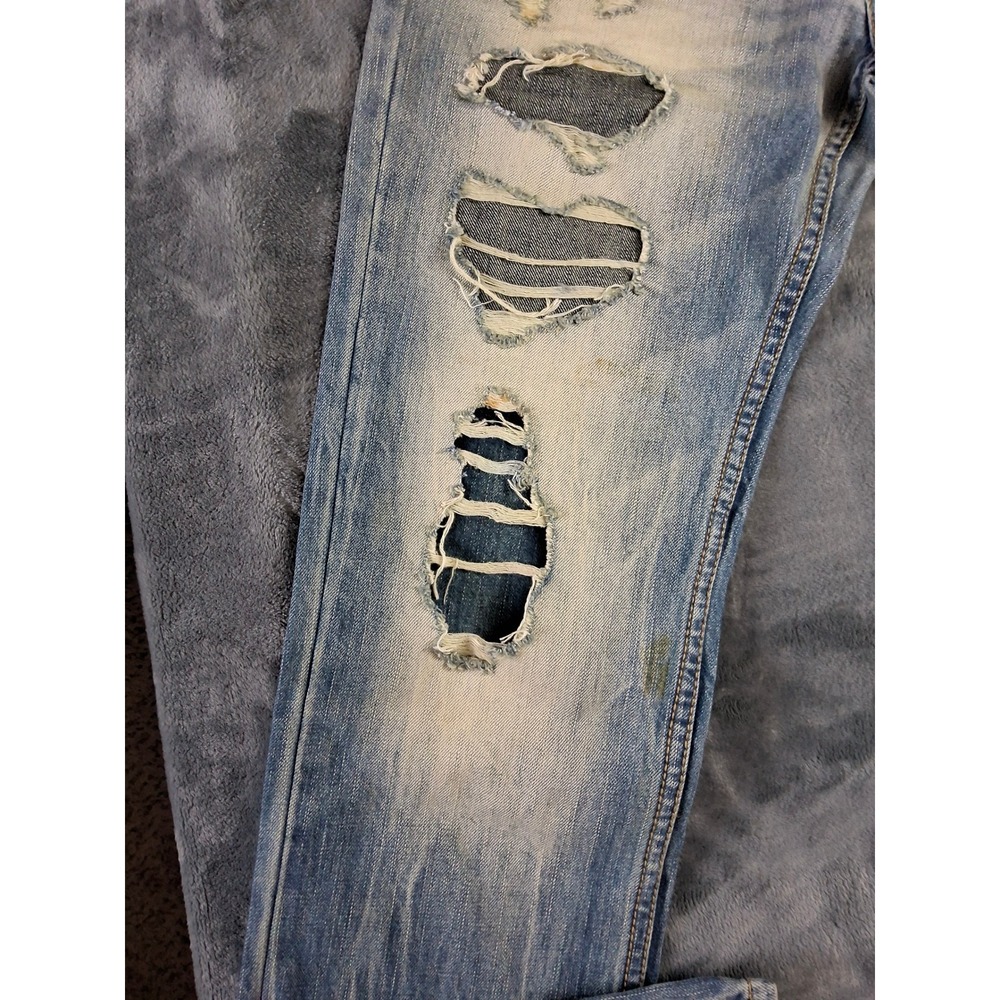 American Eagle Slim Straight Destroyed Light Wash Patched Jeans 29x32 3446-953 - Picture 3 of 16
